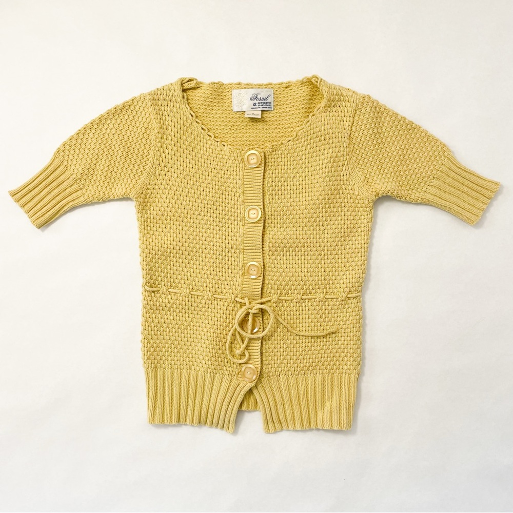 Y2K Vintage Fossil Yellow Knit Short Sleeve Cardigan with Tie Waist